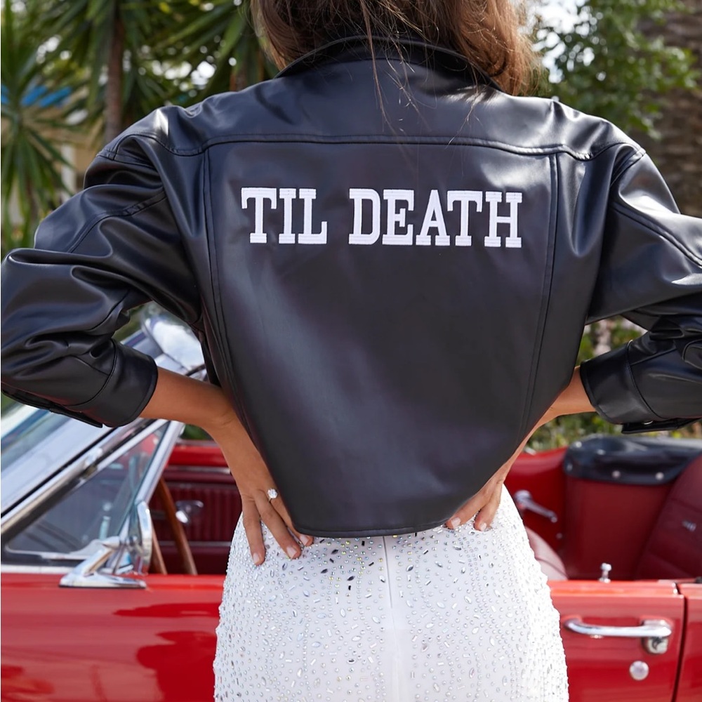 Black Leather Jacket with 'TIL DEATH' Print